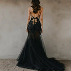 Black Gothic Mermaid Wedding Dress For Brides With Train Spaghetti Straps Illusion Bodice 3D Floral Lace
