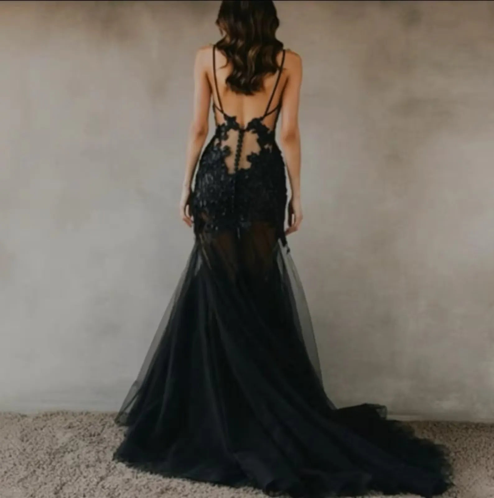 Black Gothic Mermaid Wedding Dress For Brides With Train Spaghetti Straps Illusion Bodice 3D Floral Lace
