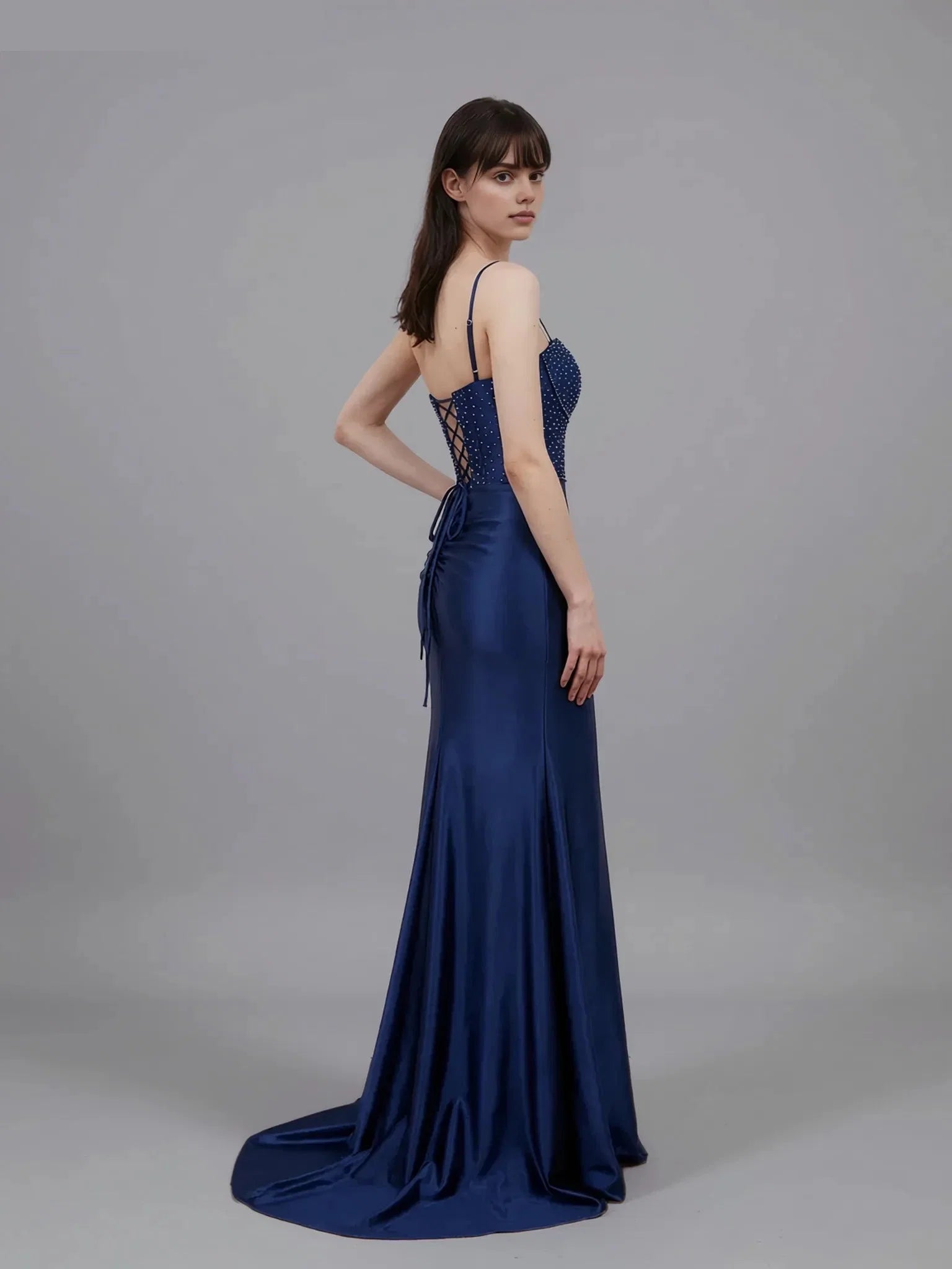 Mermaid Spaghetti Strap Lace-up Embroidered Prom Gown