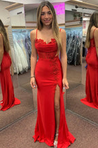 Mermaid Spaghetti Strap Applique Slit Prom Gown