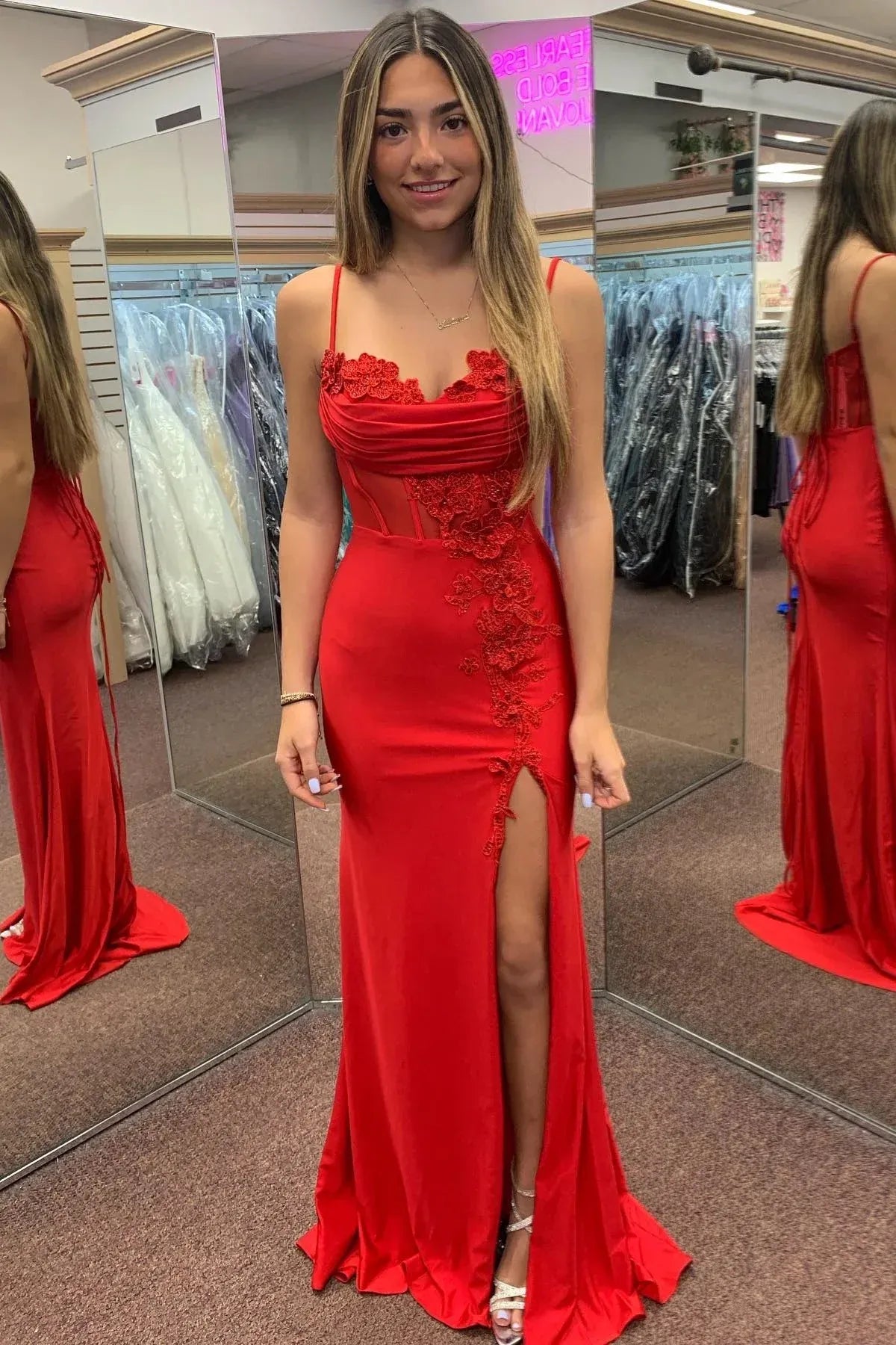 Mermaid Spaghetti Strap Applique Slit Prom Gown
