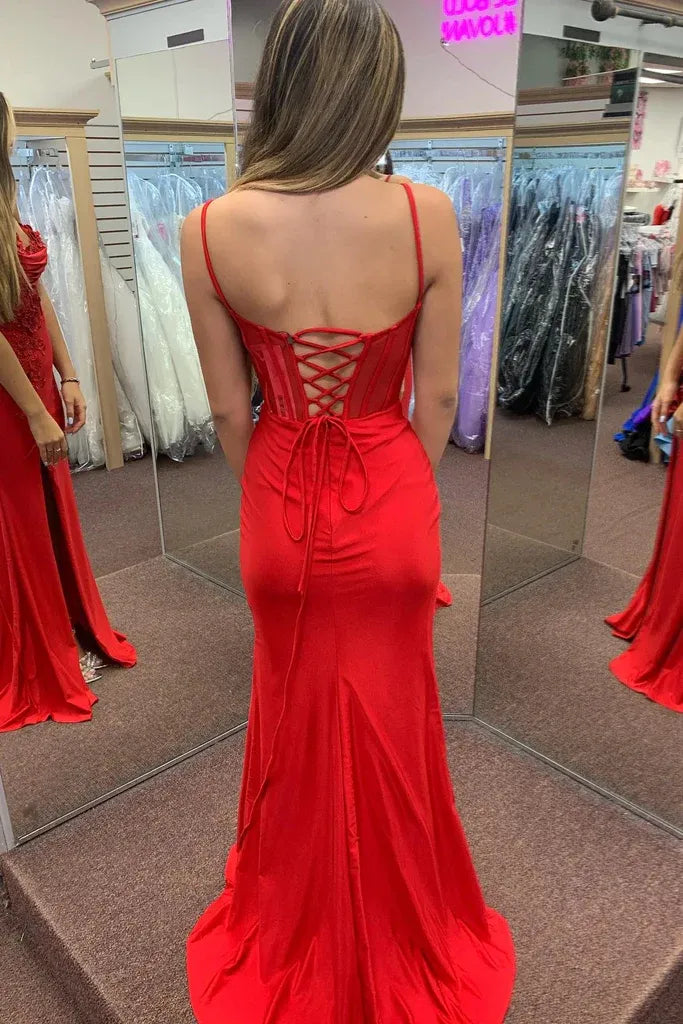 Mermaid Spaghetti Strap Applique Slit Prom Gown