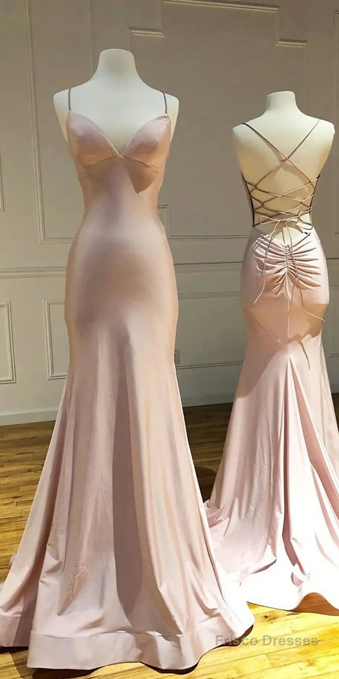 Glamorous Mermaid Satin Prom Dress With Lace Up Back And Spaghetti Straps In Blush For Prom Night