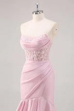 Glamorous Mermaid Strapless Corset Lace Tiered Ruffle Blush Maxi Prom Dress