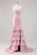 Glamorous Mermaid Strapless Corset Lace Tiered Ruffle Blush Maxi Prom Dress