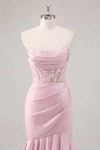 Glamorous Mermaid Strapless Corset Lace Tiered Ruffle Blush Maxi Prom Dress