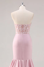 Glamorous Mermaid Strapless Corset Lace Tiered Ruffle Blush Maxi Prom Dress