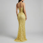 Glamorous Mermaid Prom Dress With Strapless Corset Lace Overlay Sequin Shine High Slit For Prom Queens