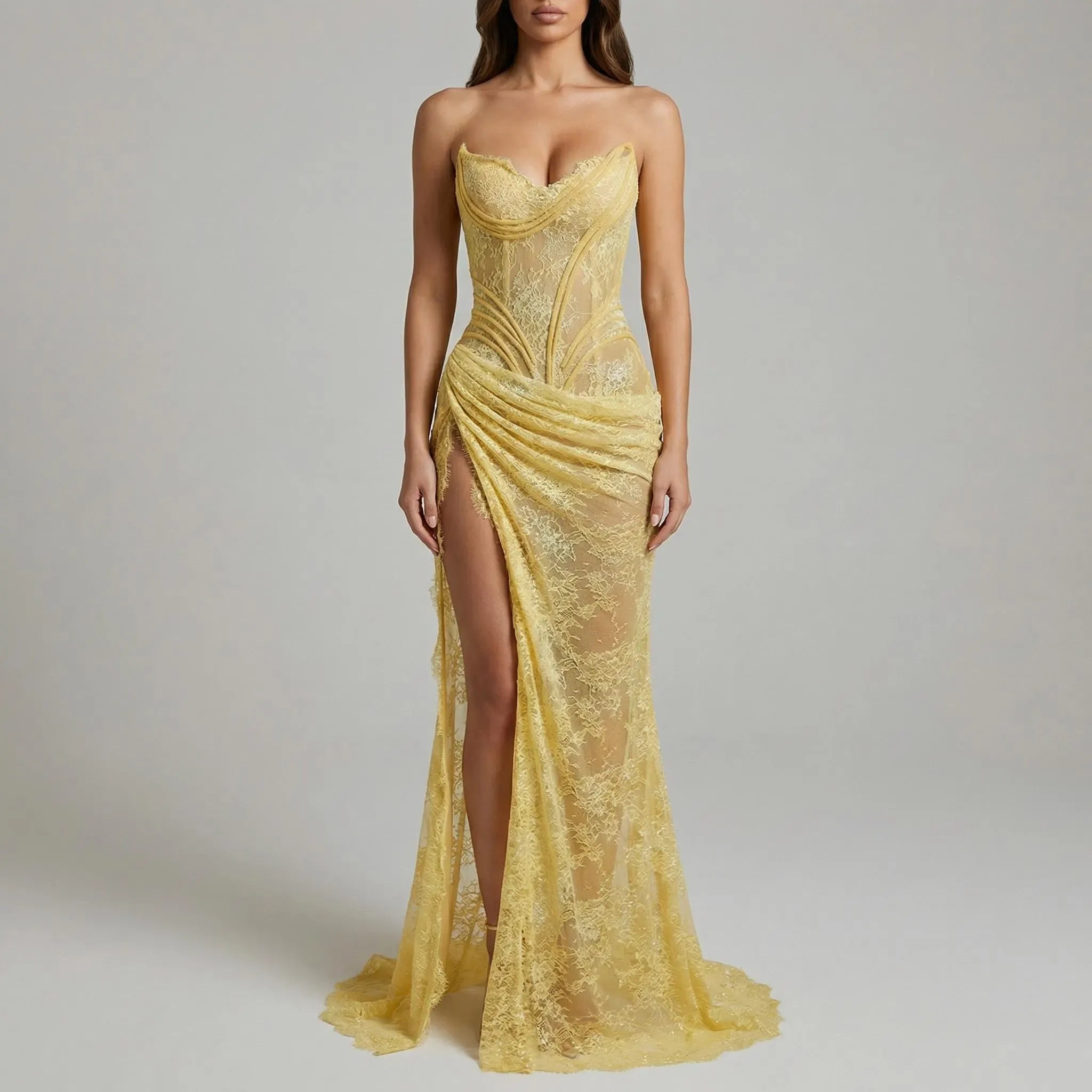 Glamorous Mermaid Prom Dress With Strapless Corset Lace Overlay Sequin Shine High Slit For Prom Queens