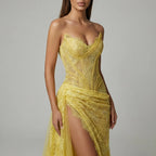 Glamorous Mermaid Prom Dress With Strapless Corset Lace Overlay Sequin Shine High Slit For Prom Queens