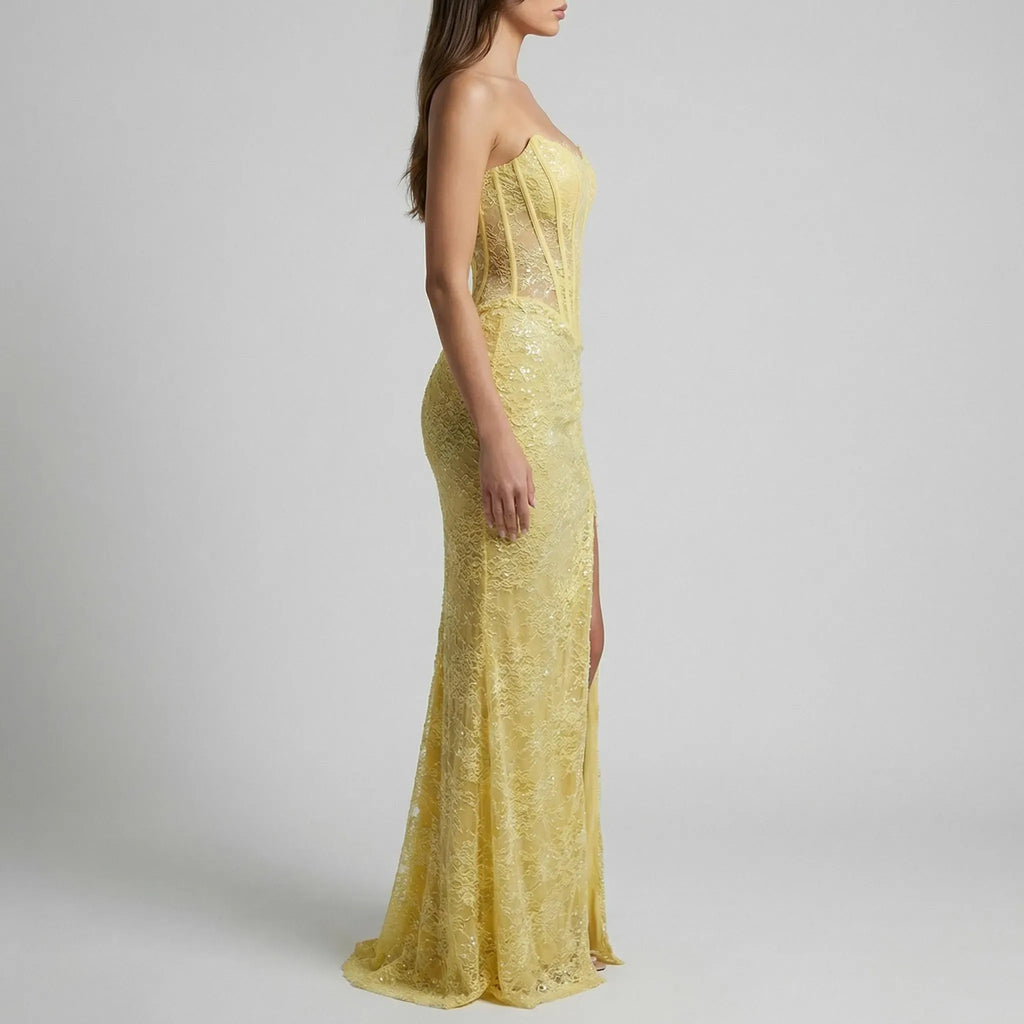 Glamorous Mermaid Prom Dress With Strapless Corset Lace Overlay Sequin Shine High Slit For Prom Queens