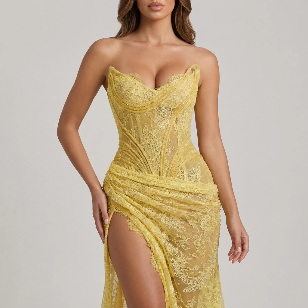 Glamorous Mermaid Prom Dress With Strapless Corset Lace Overlay Sequin Shine High Slit For Prom Queens