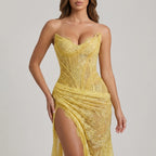 Glamorous Mermaid Prom Dress With Strapless Corset Lace Overlay Sequin Shine High Slit For Prom Queens