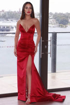 Glamorous Mermaid Strapless Ruched Red Slit Train Prom Dress Custom