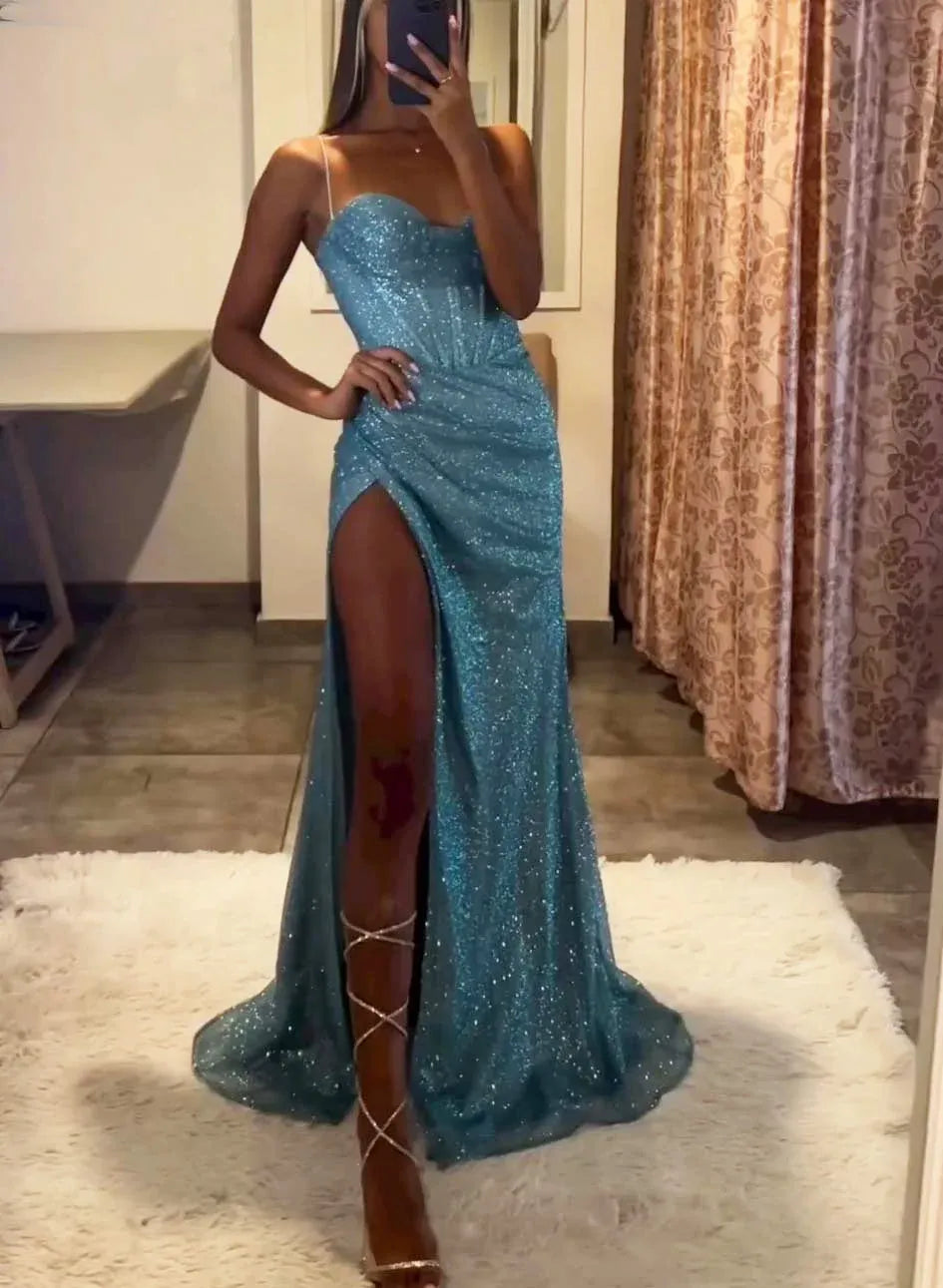 Mermaid Prom Dress With Corset Bodice In Sky Blue Glitter Ruched Silhouette For Glam Night Queens