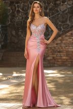 Glamorous Mermaid Sweetheart Corset Sequins Applique Pink Train Prom Dress