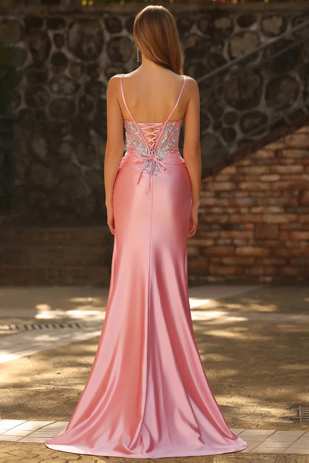 Glamorous Mermaid Sweetheart Corset Sequins Applique Pink Train Prom Dress