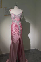 Glamorous Mermaid Sweetheart Corset Sequins Applique Pink Train Prom Dress