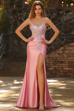 Glamorous Mermaid Sweetheart Corset Sequins Applique Pink Train Prom Dress