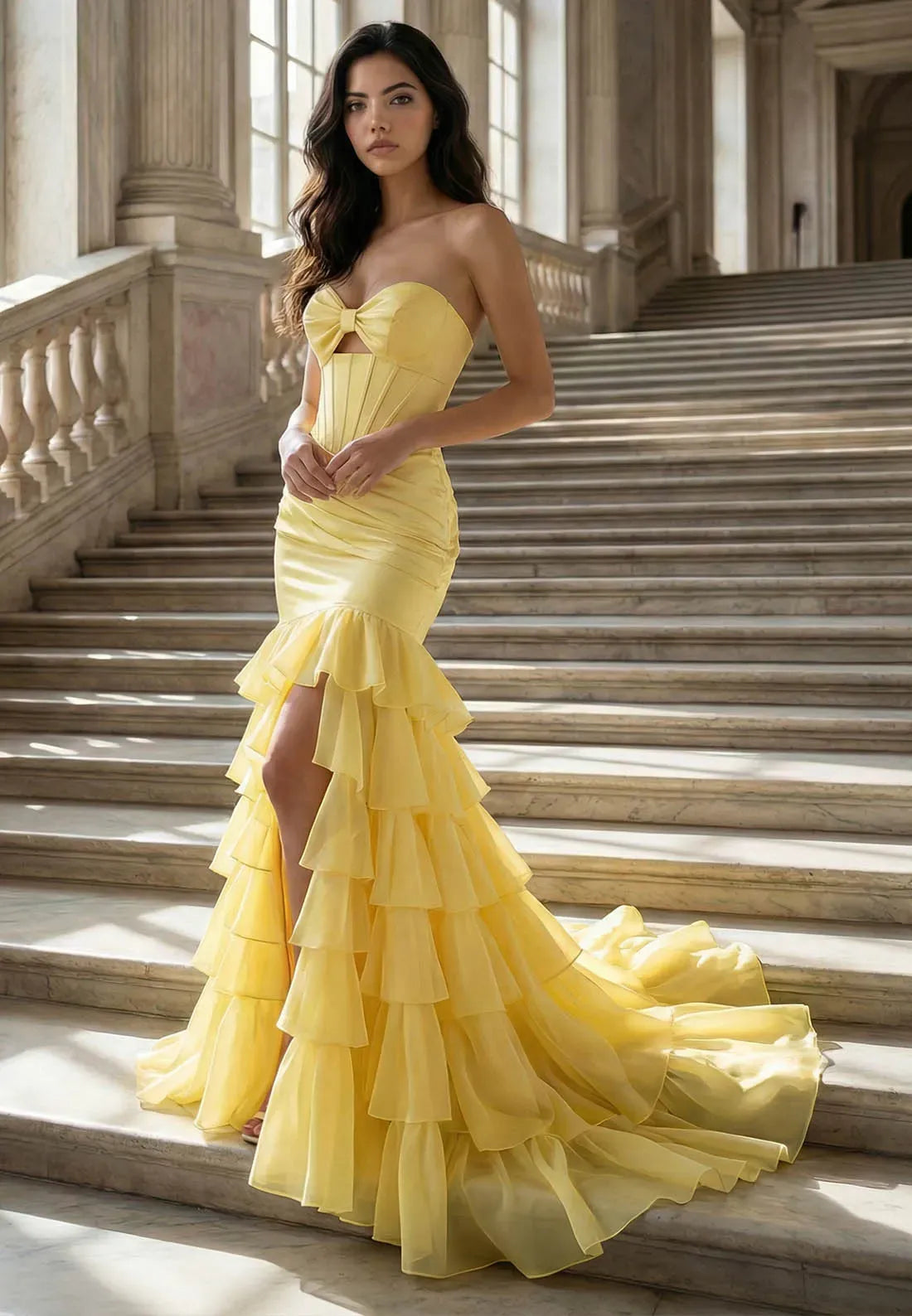 Mermaid Prom Dress With Corset Bodice And Tiered Ruffles In Radiant Yellow For Prom Queens