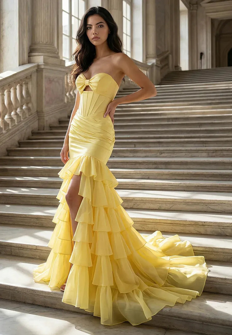Mermaid Prom Dress With Corset Bodice And Tiered Ruffles In Radiant Yellow For Prom Queens
