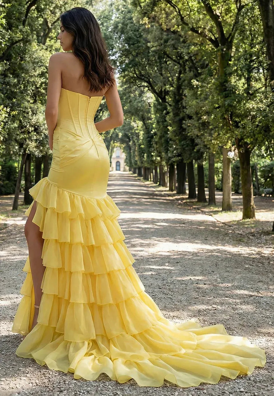 Mermaid Prom Dress With Corset Bodice And Tiered Ruffles In Radiant Yellow For Prom Queens