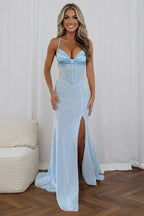 Glamorous Mermaid Sweetheart Neck Sleeveless Glitter Sky Blue Maxi Prom Dress for Women Ready to Ship