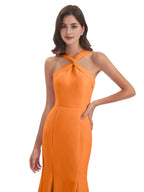 Glamorous Mermaid/Trumpet Halter Neck Sleeveless Slit Chiffon Floor-Length Bridesmaid Dress
