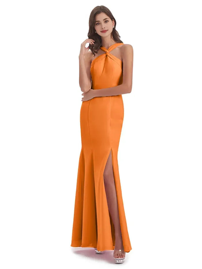 Glamorous Mermaid/Trumpet Halter Neck Sleeveless Slit Chiffon Floor-Length Bridesmaid Dress