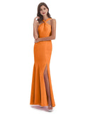 Glamorous Mermaid/Trumpet Halter Neck Sleeveless Slit Chiffon Floor-Length Bridesmaid Dress