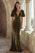 Mermaid/Trumpet V Neck Short Sleeve Sweep/Brush Train Prom Dress