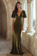 Mermaid/Trumpet V Neck Short Sleeve Sweep/Brush Train Prom Dress