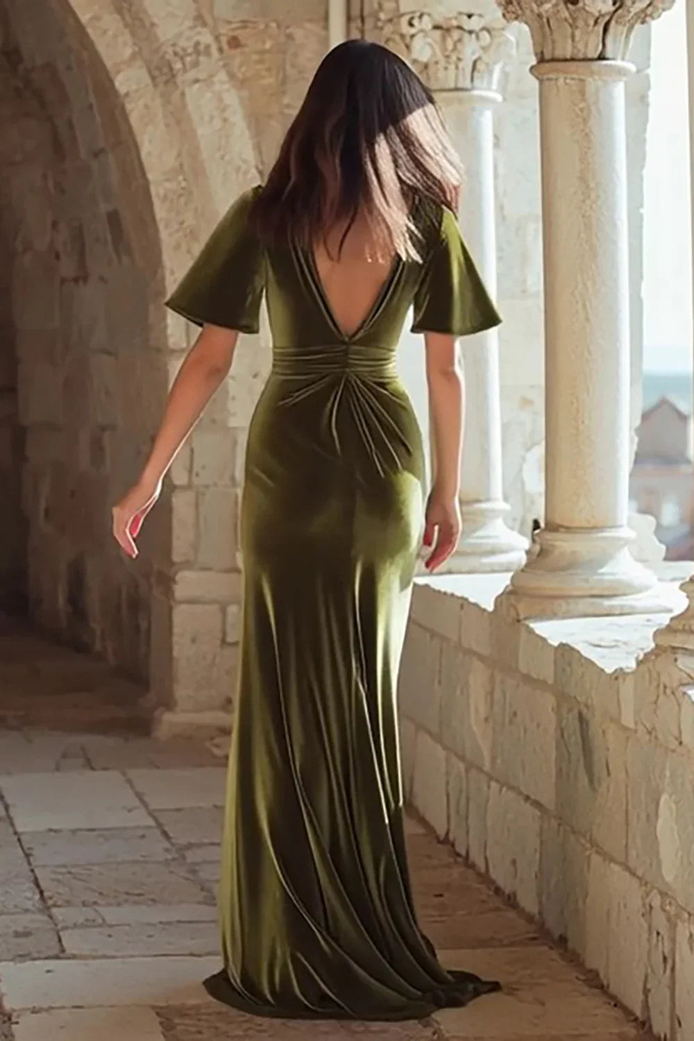 Mermaid/Trumpet V Neck Short Sleeve Sweep/Brush Train Prom Dress