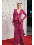 Beautiful Mermaid V-Neck Long Sleeve Beaded Ruffle Fuchsia Evening Dress For Sale