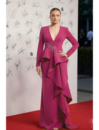 Beautiful Mermaid V-Neck Long Sleeve Beaded Ruffle Fuchsia Evening Dress For Sale