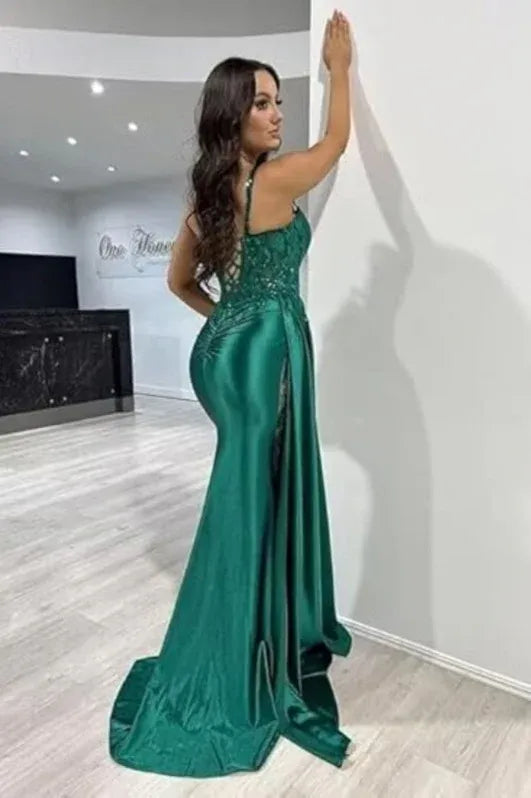 Glamorous Mermaid V-Neck Sleeveless Beaded Teal Maxi Evening Dress for Women Custom