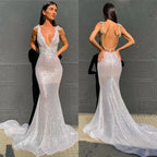 Glamorous Mermaid V-neck Beaded Silver Evening Dress For Ladies Hot Sale
