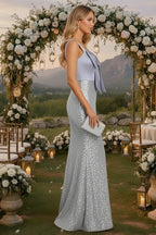 Glamorous Mermaid Sweetheart Sleeveless Bow Sequin Satin Silver Maxi Prom Dress