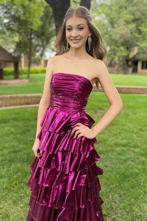 Metallic Strapless Tiered Ruffled Gown With Lace-Up Back