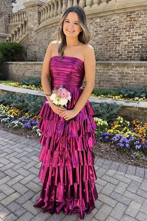 Metallic Strapless Tiered Ruffled Gown With Lace-Up Back
