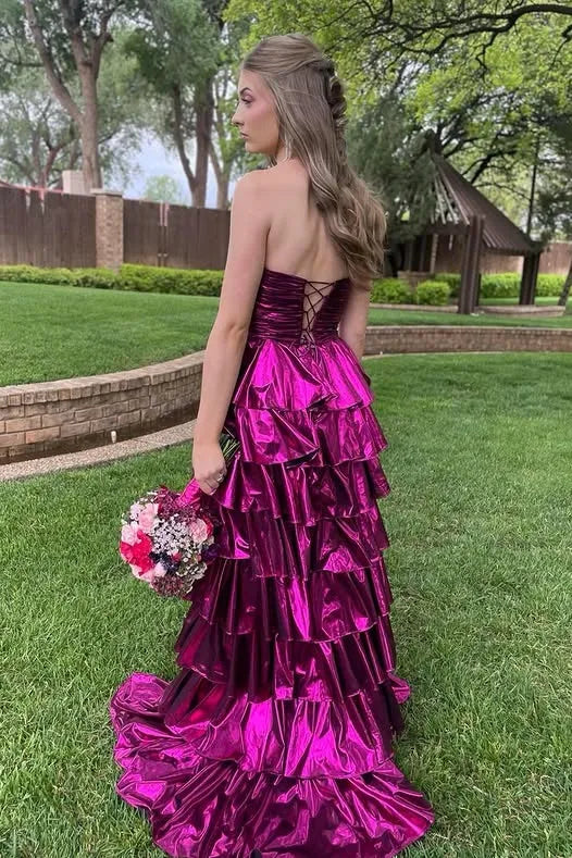 Metallic Strapless Tiered Ruffled Gown With Lace-Up Back