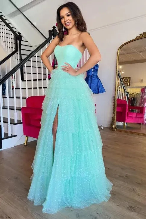 Green Mint Strapless Tiered Ruffled Glitter Gown With Slit