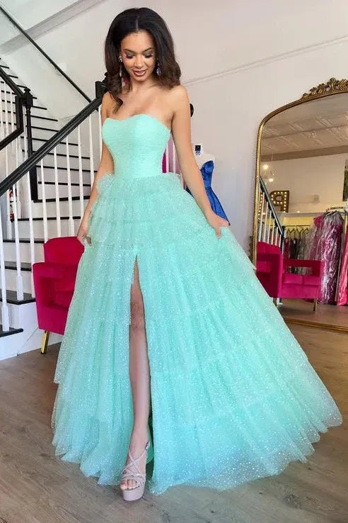 Green Mint Strapless Tiered Ruffled Glitter Gown With Slit