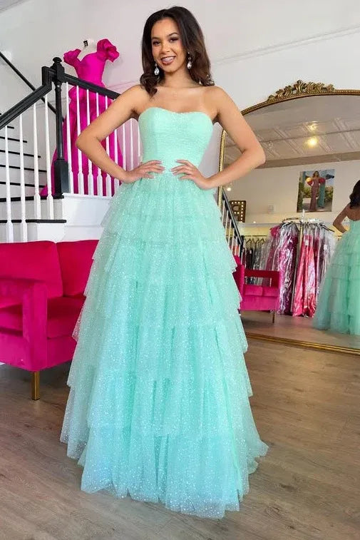Green Mint Strapless Tiered Ruffled Glitter Gown With Slit