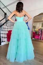 Green Mint Strapless Tiered Ruffled Glitter Gown With Slit