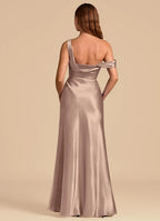 Glamorous One-Shoulder Bridesmaid Dresses with Draped Detail, Ruched Waist, Daring High Slit and Lustrous Satin Maxi Silhouette Formal Gown