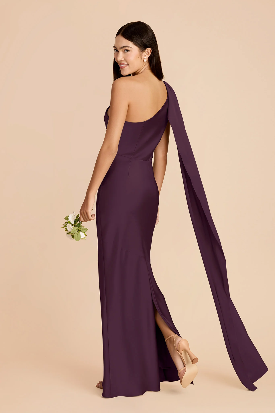 Glamorous One-Shoulder Satin Bridesmaid Dress with Convertible Drape, Ruched Bodice and High Slit