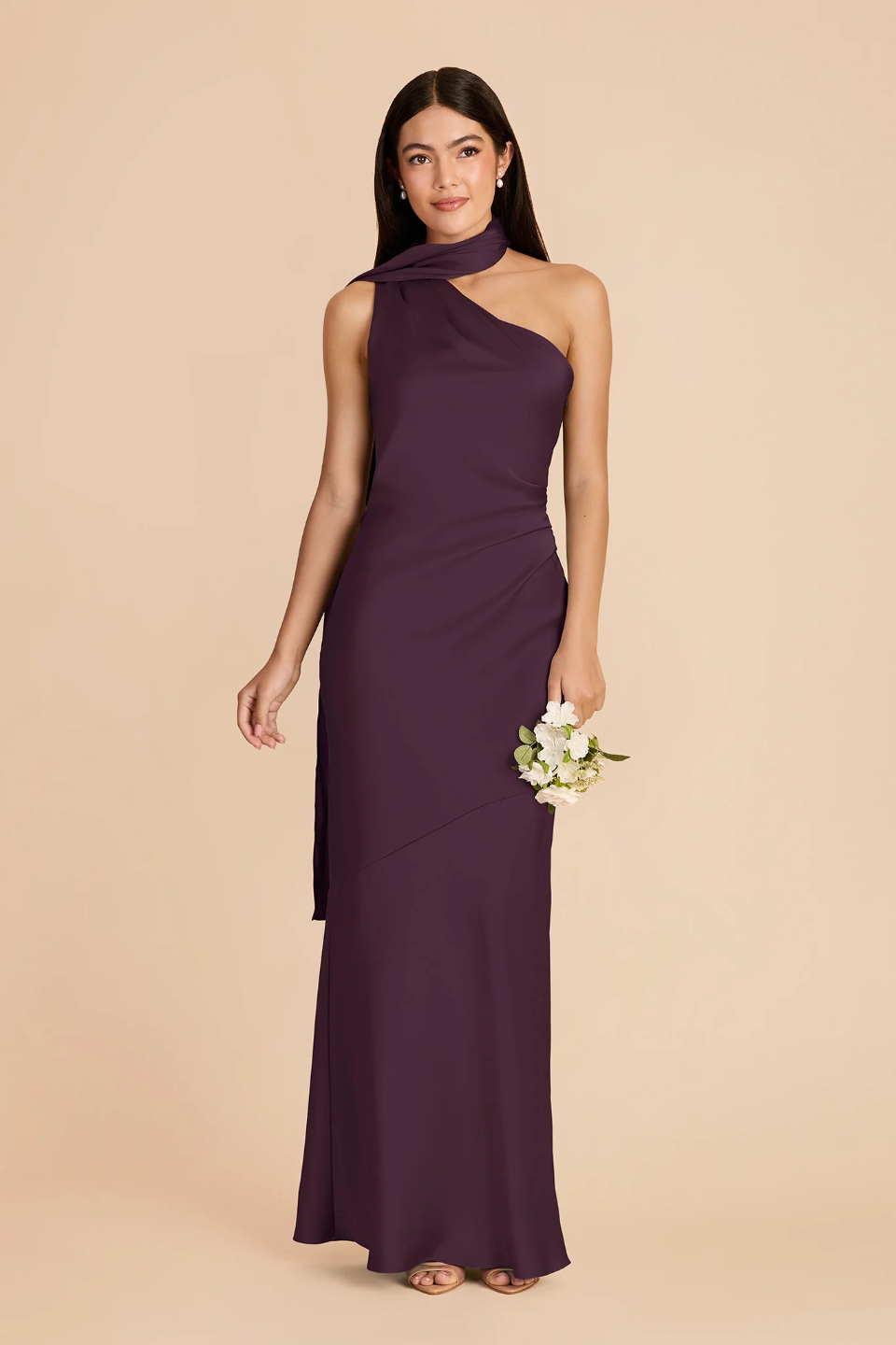 Glamorous One-Shoulder Satin Bridesmaid Dress with Convertible Drape, Ruched Bodice and High Slit