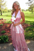 Metallic Halter Tiered Ruffled Metallic Gown With Backless Design