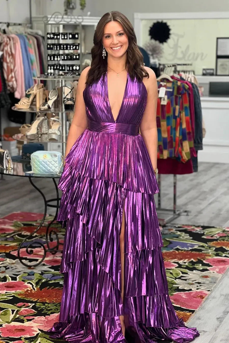 Metallic Halter Tiered Ruffled Metallic Gown With Backless Design